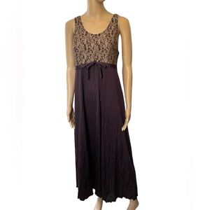 Shadowline Vintage 80s Brown Damask Witchy Romantic Lingerie Maxi Slip Dress